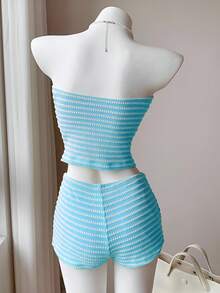 Comfortcana Bộ đồ nữ thường ngày kẻ sọc in hình sao biển gồm áo ống và quần short. - Màu xanh nhạt - Xem 2