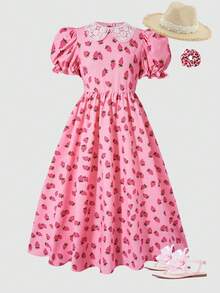 SHEIN 少女连衣裙，女童数码碎花连衣裙，白色底，点缀散落花朵，领口饰有胸针，泡泡袖，优雅夏日度假风 - 粉色 - 查看 4