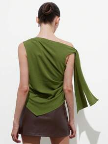 Aveloria Modichic Women's Crinkled Textured Fabric Slim Fit Asymmetric Cut One Shoulder Tie Strap And Side Ruched Design Modern Elegant Vacation Style Green Elegant Women's Blouses Vacation Outfits Women Summer Tops Green Dress - Green - View 6