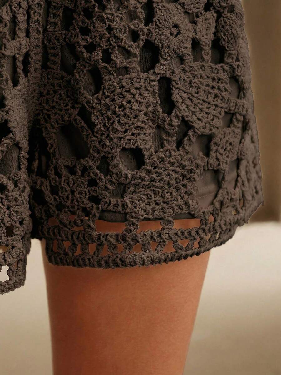 Anewsta 刺繡鉤針編織鏤空休閒波希米亞風女款短褲 灰色 夏季海灘度假早午餐穿搭 - 咖啡棕 - 查看 1