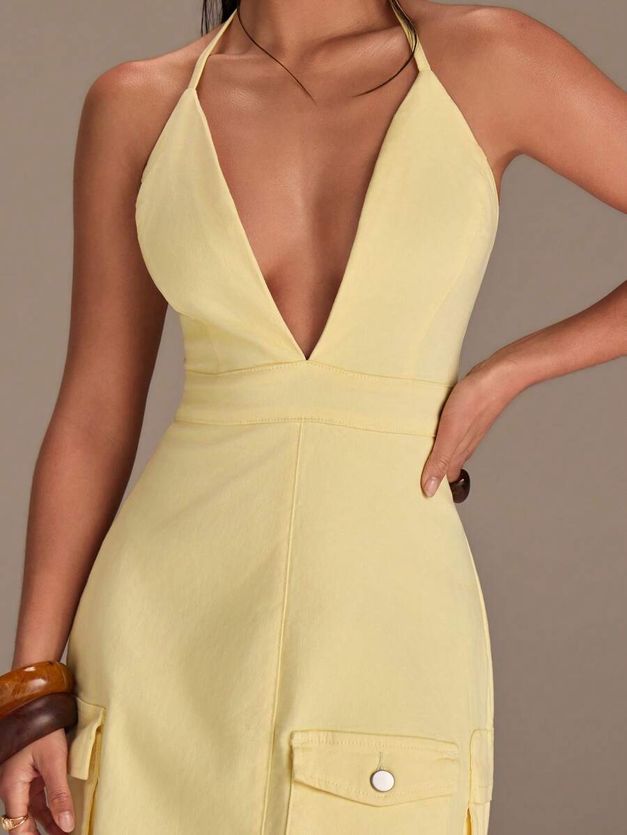 Athîral Vestido corto de mezclilla con tirantes finos, bolsillos múltiples y estampado amarillo, para mujer, estilo casual de vacaciones, primavera/verano - amarillo ganso - Ver 1
