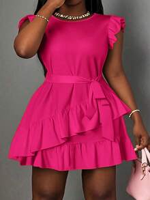 Slaydiva Vestido casual de talla grande con volantes en el bajo y unicolor - Rosa Fucsia - Ver 3