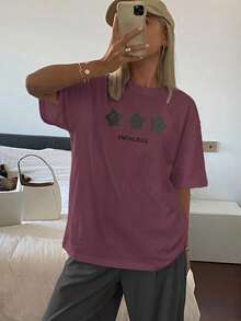 DAZY 2pcs Women Casual Star Print Loose Fit Short Sleeve Top And Pants Pajama Set - Purple - View 3