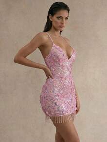 Swim Glamine Đầm ngắn nữ màu hồng mới, đính sequin hoa, hở lưng, buộc dây ở gấu váy, tua rua, cổ chữ V, lấp lánh 3D hoa và tua rua, đầm hoa cho nữ, đầm hồng, đầm hồng, đầm hồng cho nữ, đầm tốt nghiệp, đầm dự tiệc tốt nghiệp, đầm dự tiệc cho nữ, đầm dự tiệc thanh lịch, đầm dự tiệc thanh lịch, đầm đi biển cho nữ, quần áo năm mới, trang phục đi biển cho nữ. - Hồng - Xem 1