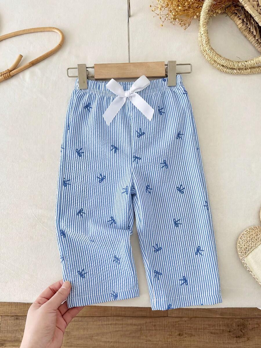 SHEIN Baby Girls' Cute Minimalist Bow Striped Print Casual Pants, Suitable For Outdoor Spring/Autumn - Blue - View 1