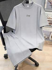 Bộ 2 món cho bé trai tuổi teen, gồm áo thun cổ tròn tay ngắn in chữ và quần short, thích hợp đi làm, đi học, mặc hàng ngày, chơi thể thao, mùa xuân/hè. - Xám - Xem 2