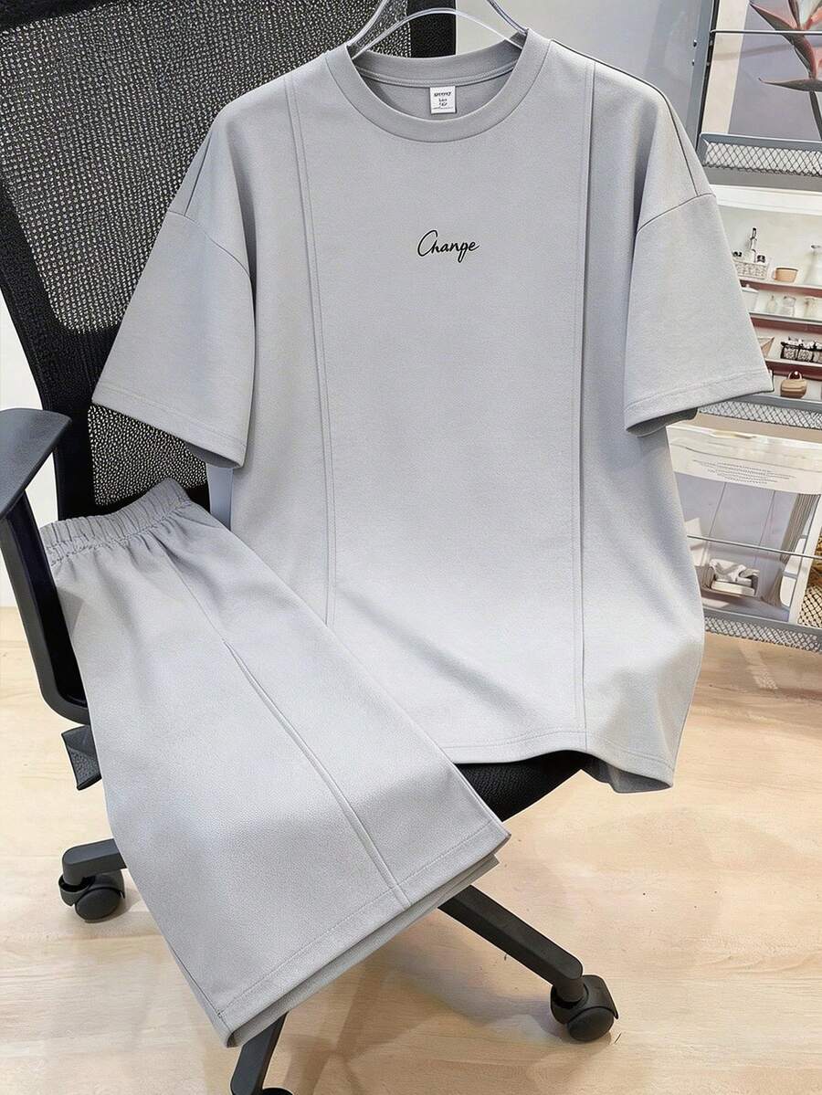 Bộ 2 món cho bé trai tuổi teen, gồm áo thun cổ tròn tay ngắn in chữ và quần short, thích hợp đi làm, đi học, mặc hàng ngày, chơi thể thao, mùa xuân/hè.