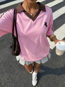 Muchica 女士撞色刺绣Polo衫 - 淺粉色 - 查看 4