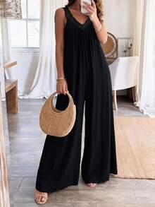 EMERY ROSE Plus Size Fashionable Sexy Lace Trim V-Neck Loose Breathable Jumpsuit, Summer Vacation Casual Jumpsuit - Black - View 3