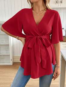 SHEIN Áo bầu cổ chữ V viền bèo có thắt lưng, áo kiểu nữ thường ngày, áo kiểu nữ, quần áo bà bầu mới, trang phục thường ngày cho nữ. - Màu Đỏ Sâu - Xem 3