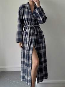 DAZY Women's Plaid Print Casual Loose Fit Robe, Home Wear, Long Sleeve, Fall Pajama, Winter - Navy Blue - View 2