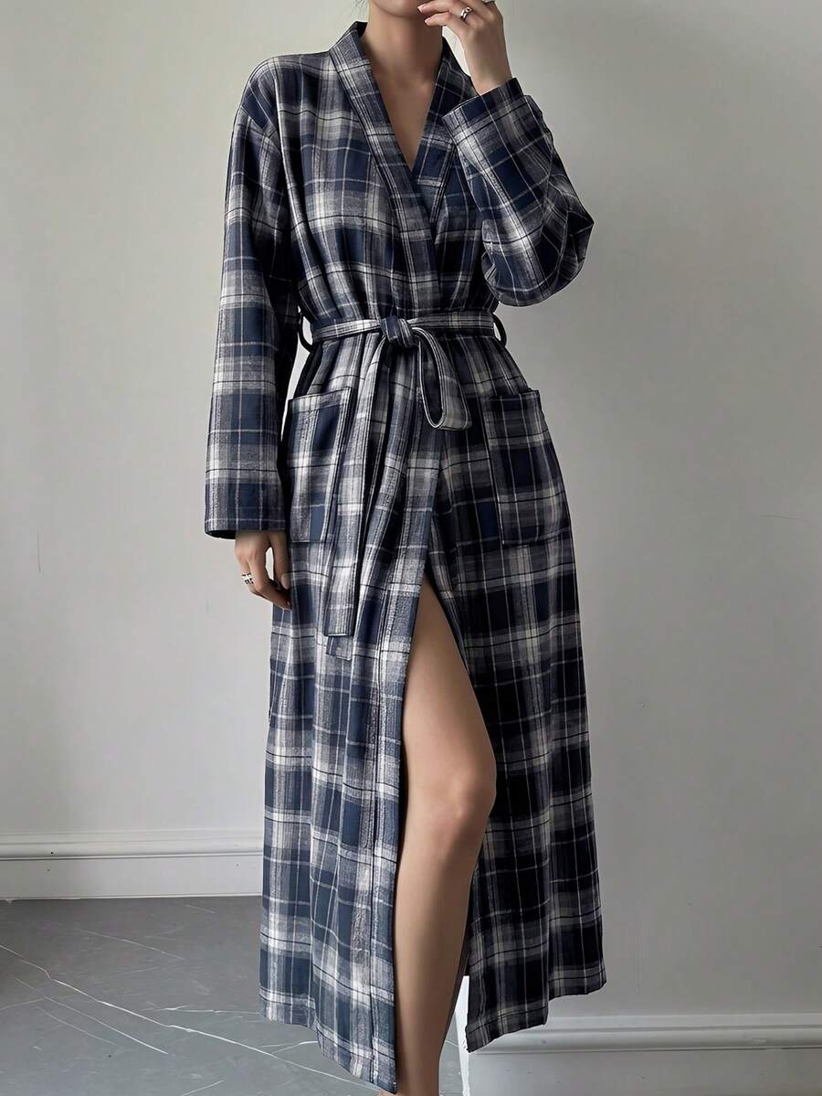 DAZY Women's Plaid Print Casual Loose Fit Robe, Home Wear, Long Sleeve, Fall Pajama, Winter - Navy Blue - View 1