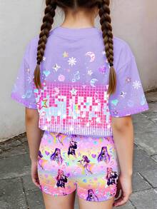 Bộ đồ 2 mảnh gồm áo thun ngắn tay và quần short in hình cô gái hoạt hình, màu sắc ombre rực rỡ, lấy cảm hứng từ các ngôi sao K-Pop, thích hợp cho mùa hè. - trắng - Xem 2