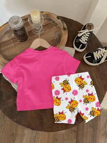 Baby Girl Letter & Cartoon Print Round Neck Short Sleeve T-Shirt And Shorts Set, Suitable For Spring/Summer, Daily Wear, Vacation, Travel - Multicolor - View 2