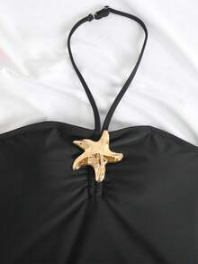 SHEIN 青少年女孩春夏休閒海灘度假海星裝飾掛脖荷葉邊上衣搭配側綁帶三角泳褲泳衣套裝 - 黑色 - 查看 3