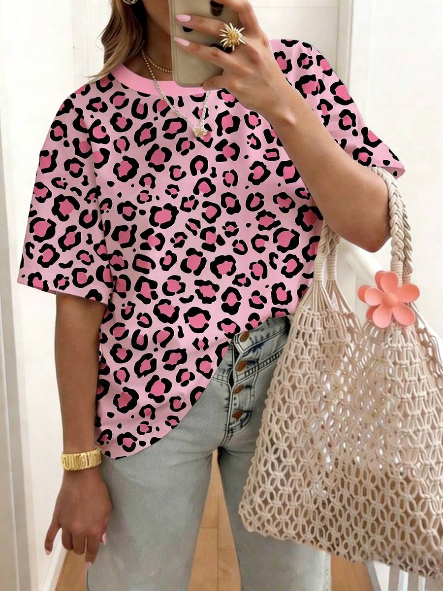 EMERY ROSE Leopard Print Digital Pattern Women's Regular Crew Neck Short Sleeve T-Shirt, A Gift For Friends - Multicolor - View 1