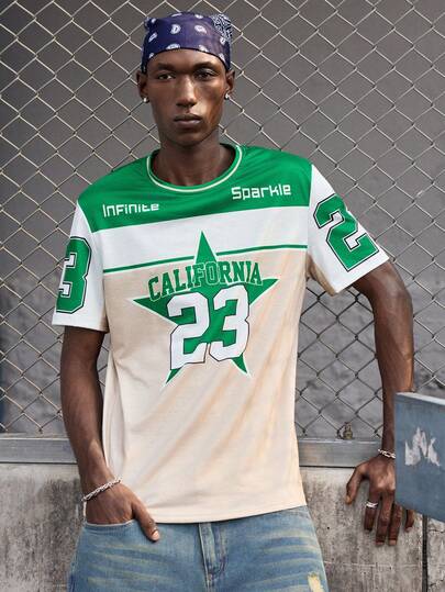 EVRINFINITE 男士圆领T恤，饰有加州23星图案，复古街头风经典大地色拼接，休闲运动圆领T恤