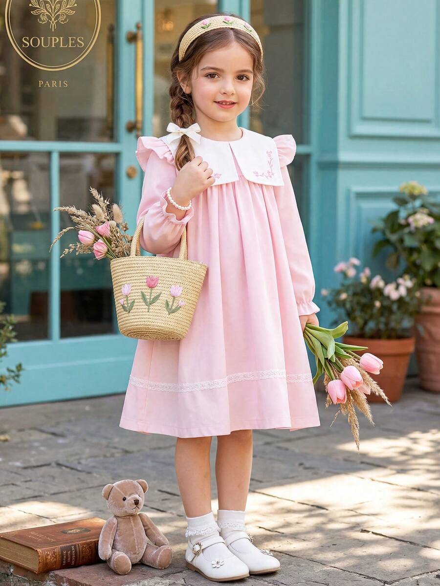 Souflis Souflis Girls' Vintage French Style Pink Fairy Summer Party Dress,Loose Floral Embroidery Lace Trim Contrast Collar Long Sleeve Casual School Photography