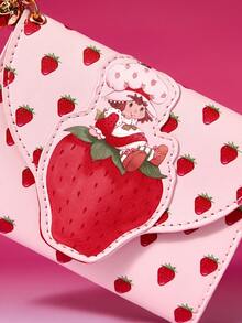 Strawberry Shortcake X SHEIN 1 Piece Of Cute Cartoon Pattern Printed Pu Leather, 7 Card Spaces, With Banknote Position, Button Opening And Closing, Colorful Strawberry Decoration, Can Be Hung On The Bag, Suitable For Teenagers And Ladies - Pink - View 5