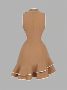 SHEIN MOD 女式无袖蝴蝶结领连衣裙 - 卡其色 - 查看 2