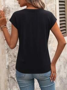 EMERY ROSE Women's V-Neck Slogan Print Casual Versatile Daily Wear T-Shirt - Black - View 2
