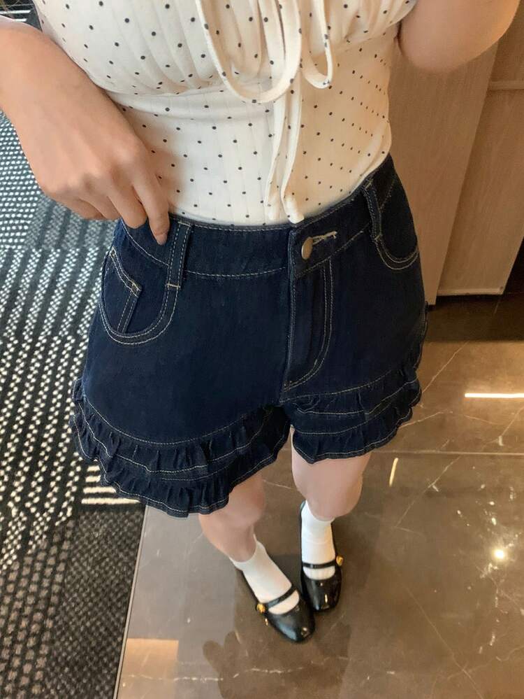 Women's Retro Korean Style Sweet Ruffle Trim Denim Shorts