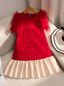 SHEIN Summer Dress Young Girl Summer Elegant Pearl & Fluffy Decor Sleeveless Contrast Color Ruffle Hem Princess Dress Young Girl Dresses Kids Clothes Girls Dresses Red Dress Casual Dress For Kids Summer Outfits Squishy Dress Summer Outfits Squishy Dress Summer Dress - Red - View 7