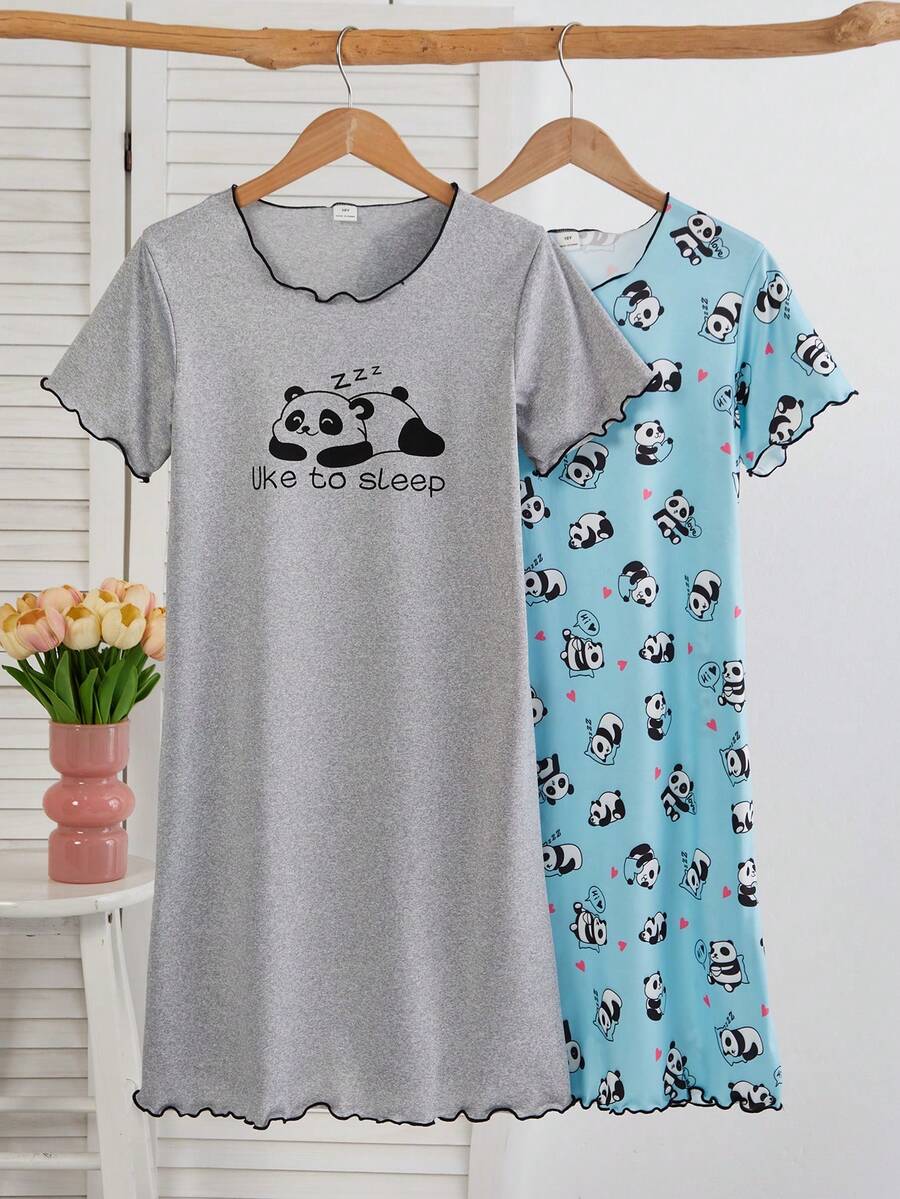 Girls' Minimalist Cute Panda Print Short Sleeve Long Nightgown Pajama Set, White & Pink - Blue - View 1