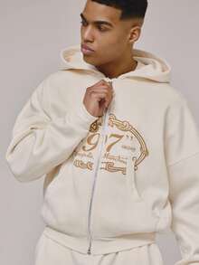 Musero Cropped Zipped Through Centre Chest Graphic "97" Print Sweat Jacket Co Ord Top Only Spring Summer Essentials Lounge - Apricot - View 2