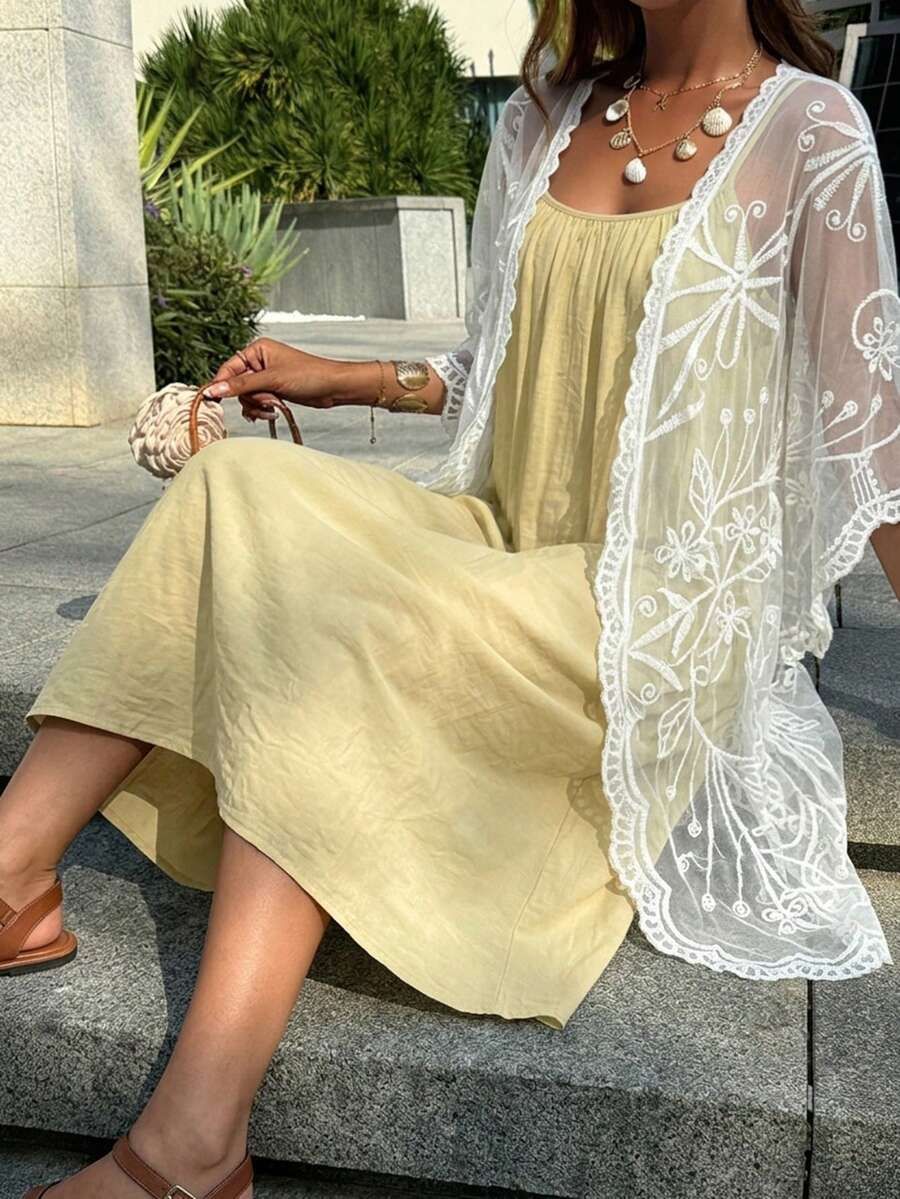 DAZY 2pcs Set Women Lace Cami Sleep Dress And Robe Pajama Set, Loose Fit, Fall Winter Clothes - Yellow - View 1