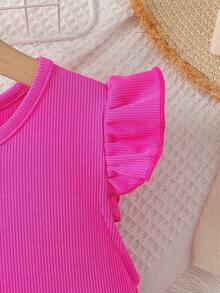 SHEIN Elladie kids Bộ đồ 2 món cho bé gái: Áo len cổ tròn tay phồng màu hồng + Quần short họa tiết hoa nhí thắt nơ màu hồng, thích hợp cho các hoạt động dã ngoại và vui chơi hàng ngày, phù hợp cho bé gái từ 4-7 tuổi, mùa xuân/hè. - Màu Hồng Tươi - Xem 7