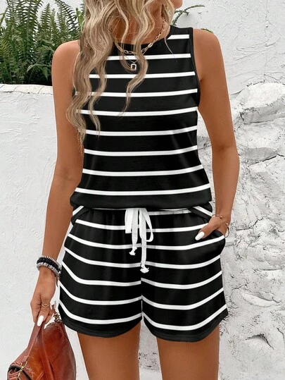 Sylviya Casual Minimalist Vacation Bohemian Elegant Commute Romantic Retro Black And White Striped Print Pattern, Suitable For Music Festivals, Beach Outfits, Vacation Outfits, Women's Summer Outfit, Round Neck Vest And Shorts Two Pieces Set For Summer