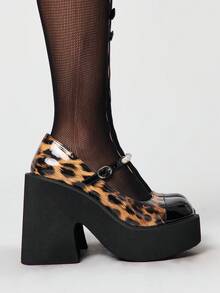 ROMWE Grunge Punk Chaussures femme mode à semelle épaisse et compensée - Style décontracté punk, bout rond, fausses perles, imprimé léopard simulé, boucle. Chaussures confortables et simples, style Glissant pour femme, style années 2000 - imprimé léopard - Voir 4