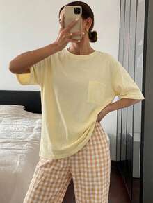 DAZY Simple Round Neck T-Shirt And Plaid Pants Pajama Set - Yellow - View 2