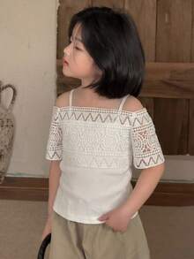 Dazy Kids 年轻女孩夏季休闲度假风蕾丝拼接露肩白色T恤 - 白色 - 查看 5