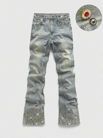 ROMWE MEN Jeans de mezclilla casual para hombres con decoración de piedras de rhinestone lavadas
