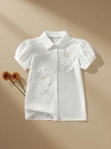 SHEIN 1件少女精致3D立体花卉设计泡泡袖上衣，甜美可爱，夏季款 - 白色 - 查看 9