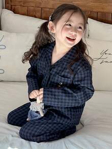 Dazy Kids Girls' Plaid Embroidered Long Sleeve Top And Pants Pajama Set, Young Girl Fall Clothes - Navy Blue - View 1