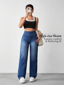 SHEIN Essnce Damen Lässig Vielseitig Alltagskleidung Hoch-Stretch Denim Hose Reise Marineblau Sommer, Große Frauen - Dunkle Waschung - Übersicht 6