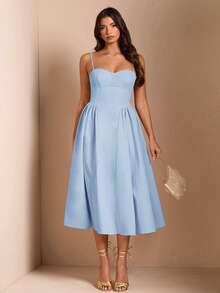 SHEIN BAE Đầm dài tay hai dây bồng bềnh thanh lịch dành cho nữ, thích hợp cho các buổi hẹn hò hàng ngày, đi chơi, hộp đêm, tiệc tùng, mùa thu. - Màu xanh nhạt - Xem 3
