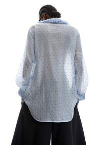 LYSMO Women's Fashionable Sexy Polka Dot Print Ruffle Hem Blouse - Blue - View 2
