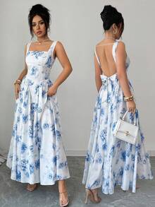 Selianne Đầm nữ mùa hè mới, đầm xòe cổ vuông, hở lưng, thắt nơ, dáng chữ A in hoa màu xanh nhạt, đầm hè nữ, đầm đi biển, trang phục đi biển nữ, đầm nữ thanh lịch, đầm xanh trắng, trang phục dự tiệc cưới cho nữ. - Màu xanh lam - Xem 2