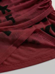 ROMWE Avant Sexy Slogan Print Asymmetrical Shoulder Fitted Women Top - Burgundy - View 4