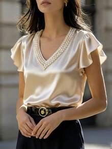 Ellegaria. Áo kiểu tay ngắn cổ chữ V cho nữ, chất liệu satin, thích hợp mặc mùa hè, dự tiệc cưới, tiệc tùng/sinh nhật, trang phục dạ hội thanh lịch, trang phục hẹn hò lãng mạn mùa hè. - Màu be - Xem 5