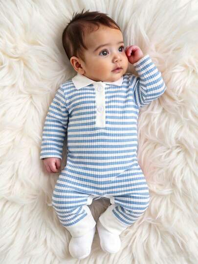 SHEIN Newborn Baby Girl Cute Striped Collar Long Sleeve Jumpsuit, Lightweight & Comfortable Summer Outfit