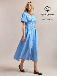 BizChic 夏季新款蓝色褶皱连衣裙，饰有蘑菇纽扣，泡泡袖，腰部褶裥，优雅百搭，适合办公室、正式场合、休闲场合，浪漫的90年代复古风，也适合派对、婚礼宾客、伴娘、女主人、日常穿着。 - 淺藍色 - 查看 4