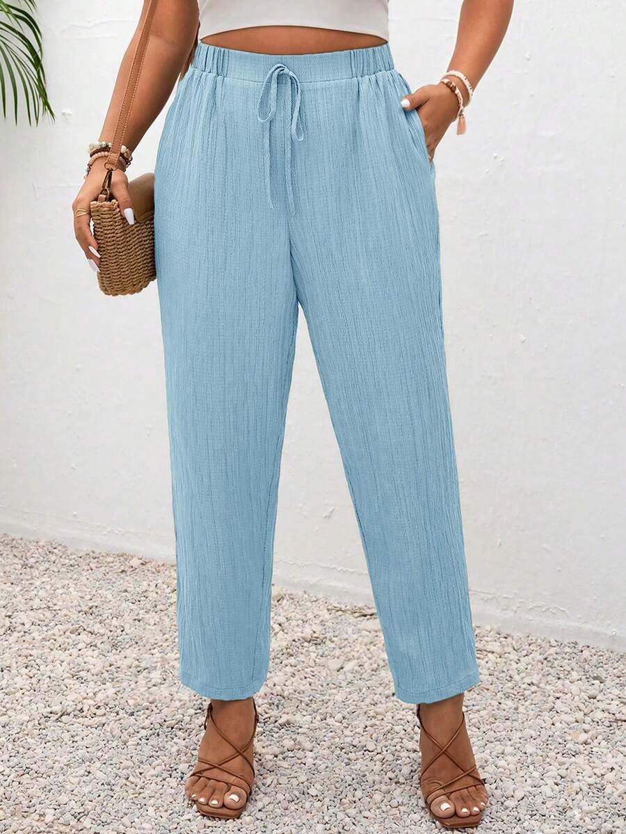 SHEIN Frenchy Plus Size Vacation Solid Color Knotted Casual Pants With Pockets - Baby Blue - View 1