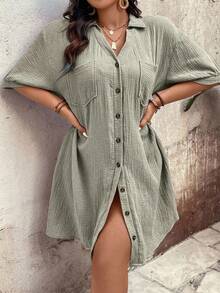 Breezaya Plus Size Women Solid Color Drop Shoulder Single-Breasted Casual Shirt Dress - Khaki - View 7