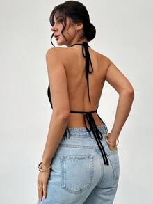 Firerie Áo hai dây cổ xếp ly màu trơn có tua rua dành cho nữ, thích hợp cho kỳ nghỉ. - màu đen - Xem 6