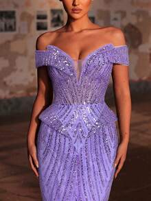 Glamrae Elegantes luxuriöses Off-Shoulder Perlen- & Pailletten-Blumen-Meerjungfrauenkleid, geeignet für Hochzeit, Party, Urlaub, Bankett (stark verziert) - Mauve - Übersicht 4